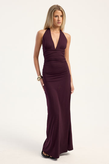 Luck + Trouble Emmy Halter Plunge Maxi Dress Plum