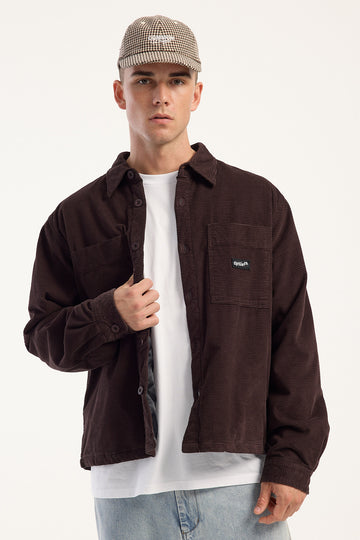 Thrills Delusions Quilted Lined Cord Overshirt Black Coffee