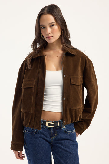 Luck + Trouble Lenni Suede Faux Leather Jacket Coffee Brown