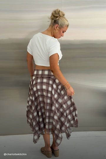 Luck + Trouble Rocco Asymmetrical Check Midi Skirt Brown Check