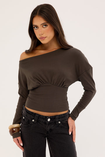 Luck + Trouble Asta Cinched Waist Long Sleeve T-shirt Brown