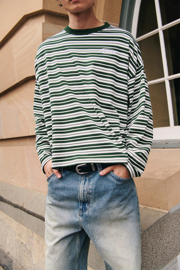 Common Need Ultrix Heavyweight Cropped Long Sleeve Tee Dark Green Stripe