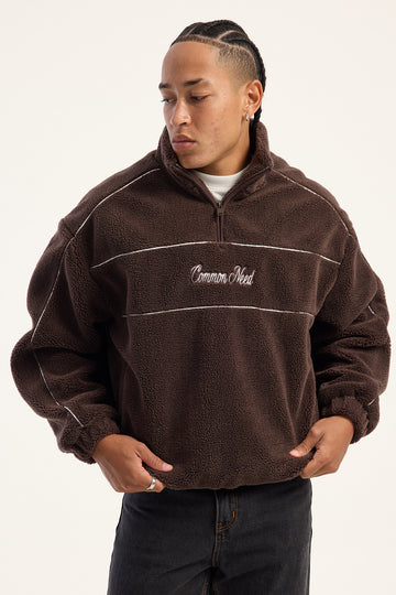 Common Need Riverton Quarter Zip Sherpa Jacket Dark Brown