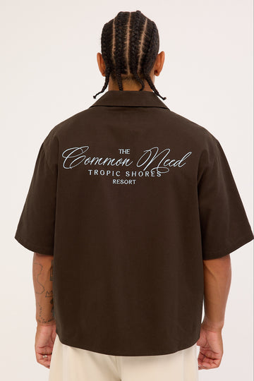 Common Need Tropic Shores Boxy Cropped Resort Shirt Coffee Brown