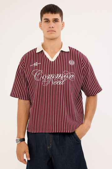 Common Need Regent Boxy Cropped Polo Burgundy Stripe