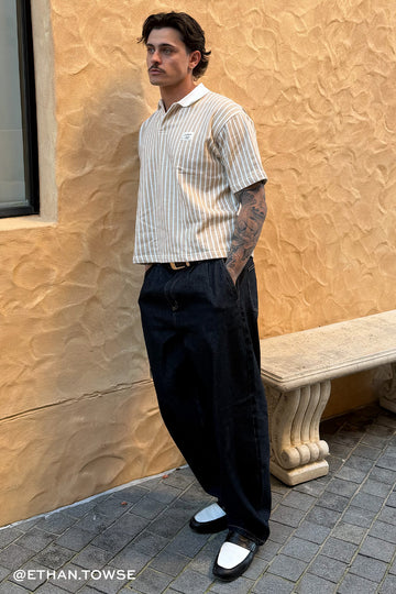 Common Need Eton Boxy Cropped Polo Tan Stripe