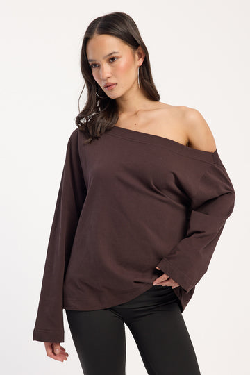Perfect Stranger Oversized Boat Neck Long Sleeve T-shirt Brown