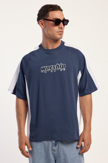 Worship Line Stepper Box Crop Raglan Tee Crown Blue