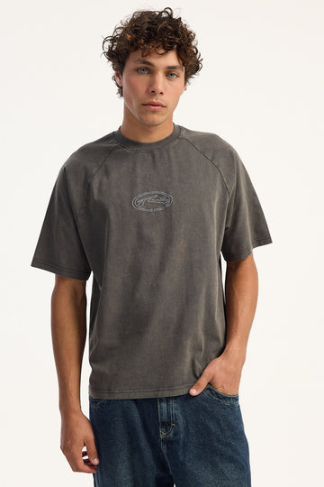 Rusty Trawla Cropped Washed Raglan Tee Steel