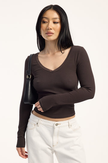 L&t Lace Trim Long Sleeve V Neck T-shirt Brown
