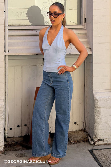 Luck + Trouble Hailey Satin Halter Top Blue