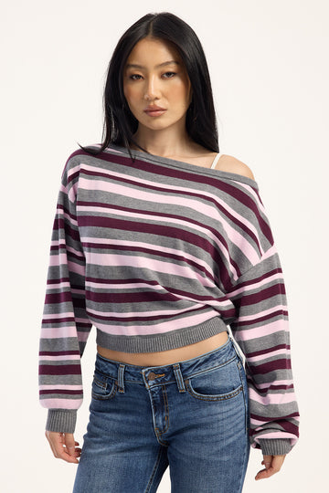 Luck + Trouble Kiki Slouched Off Shoulder Knit Grey Marle Stripe