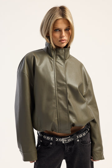 Luck + Trouble Amerie Funnel Neck Faux Leather Jacket Olive