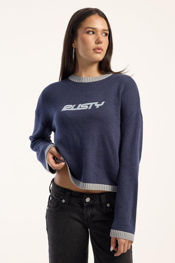 Rusty Ride Relaxed Crew Neck Knit Navy