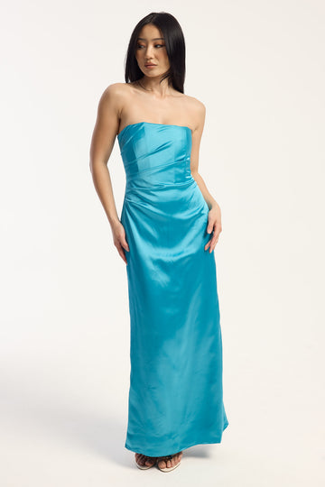 Perfect Stranger Rosa Corset Satin Maxi Dress Turquoise