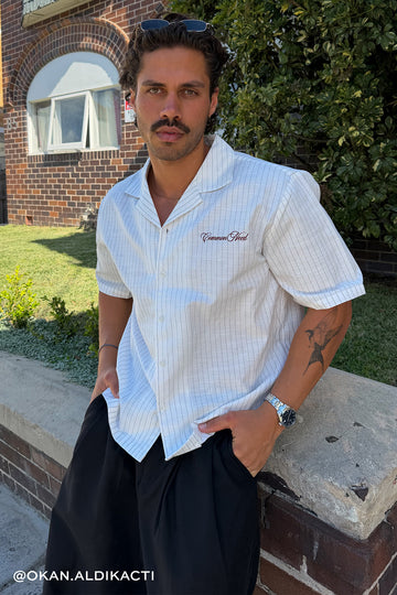 Common Need Bexley Boxy Cropped Resort Shirt White/Black Pinstripe