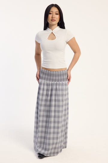 Luck + Trouble Clara Smocked Check Maxi Skirt Blue and Grey Check