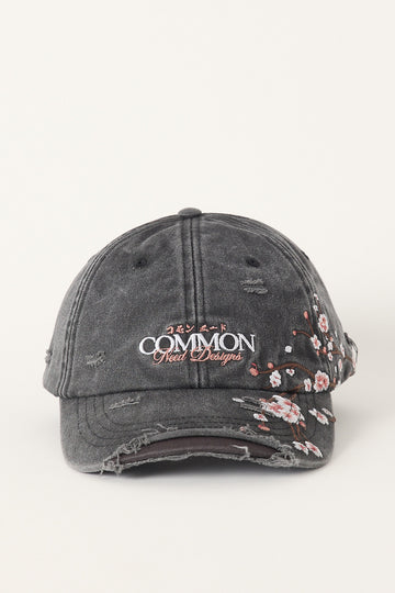 Common Need Sakura Distressed Dad Cap Washed Black