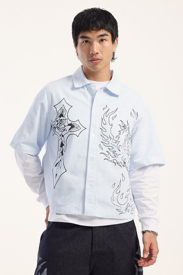 Ed Hardy Ghost Tattoo Boxy Shirt Blue Pinstripe