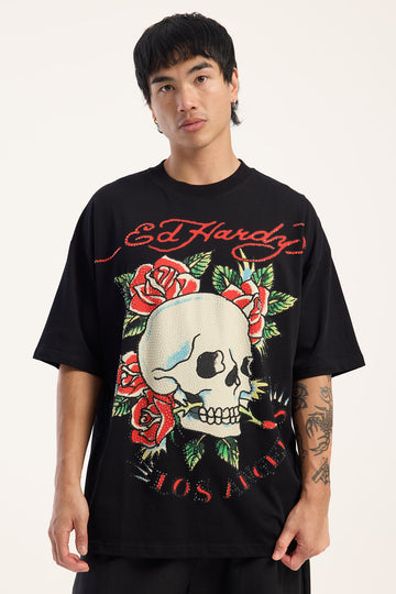 Ed Hardy Eternal Rhinestone Boxy Tee Black