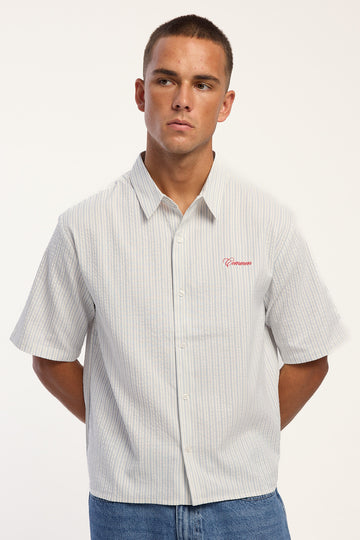 Common Need Anthony Boxy Cropped Standard Collar Shirt Blue Stripe