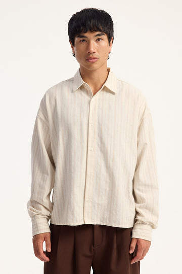 Common Need Laguna Cropped Long Sleeve Shirt Off White/Tan Stripe