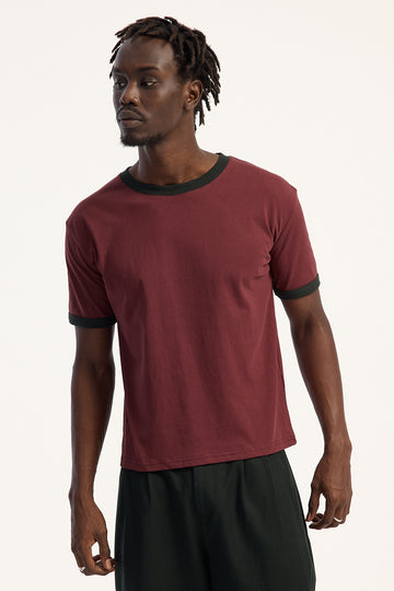 Open Archive Organic Accord Slim Fit Ringer Tee Burgundy/Off Black