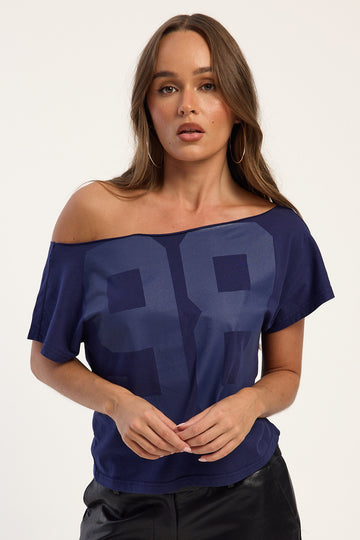 Luck + Trouble Club 98 Off Shoulder T-shirt Navy