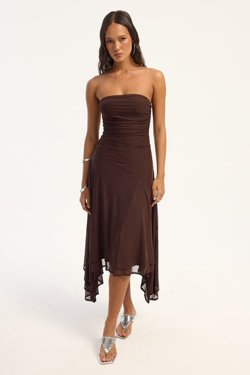 Luck + Trouble Flynn Strapless Asymmetric Midi Dress Brown