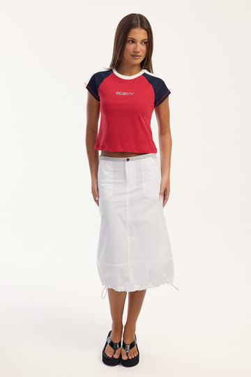 Rusty Player Low Rise Midi Skirt White