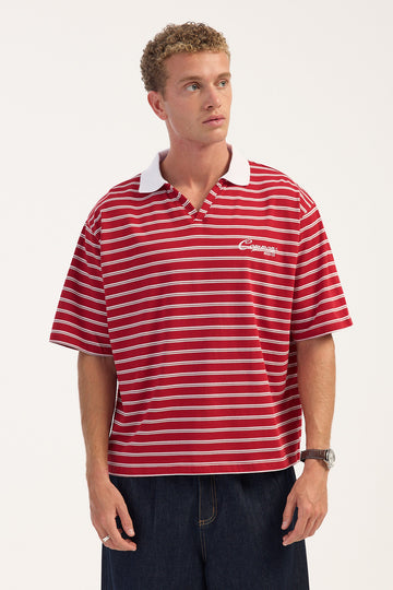 Common Need Norman Boxy Cropped Open Collar Polo Red Stripe