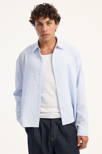 Common Need Theodore Cropped Long Sleeve Shirt Light Blue Stripe