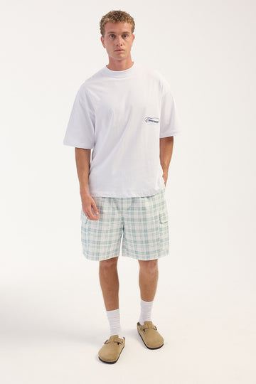 Common Need Breaker Elastic Waist Cargo Short Teal Check