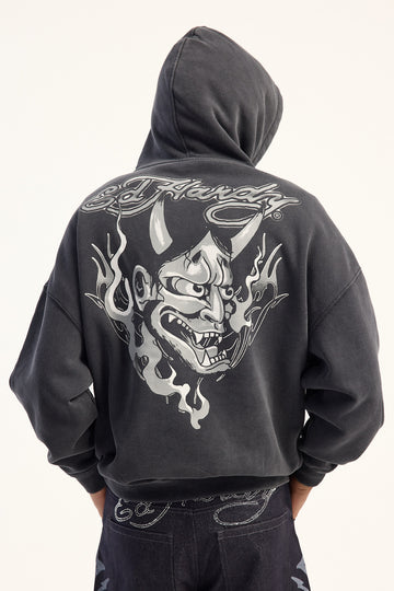 Ed Hardy Double Horns Hoodie Black Acid Wash