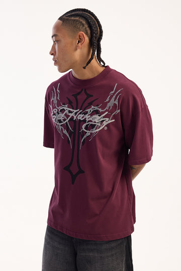 Ed Hardy Trinity Rhinestone Oversized Tee Plum