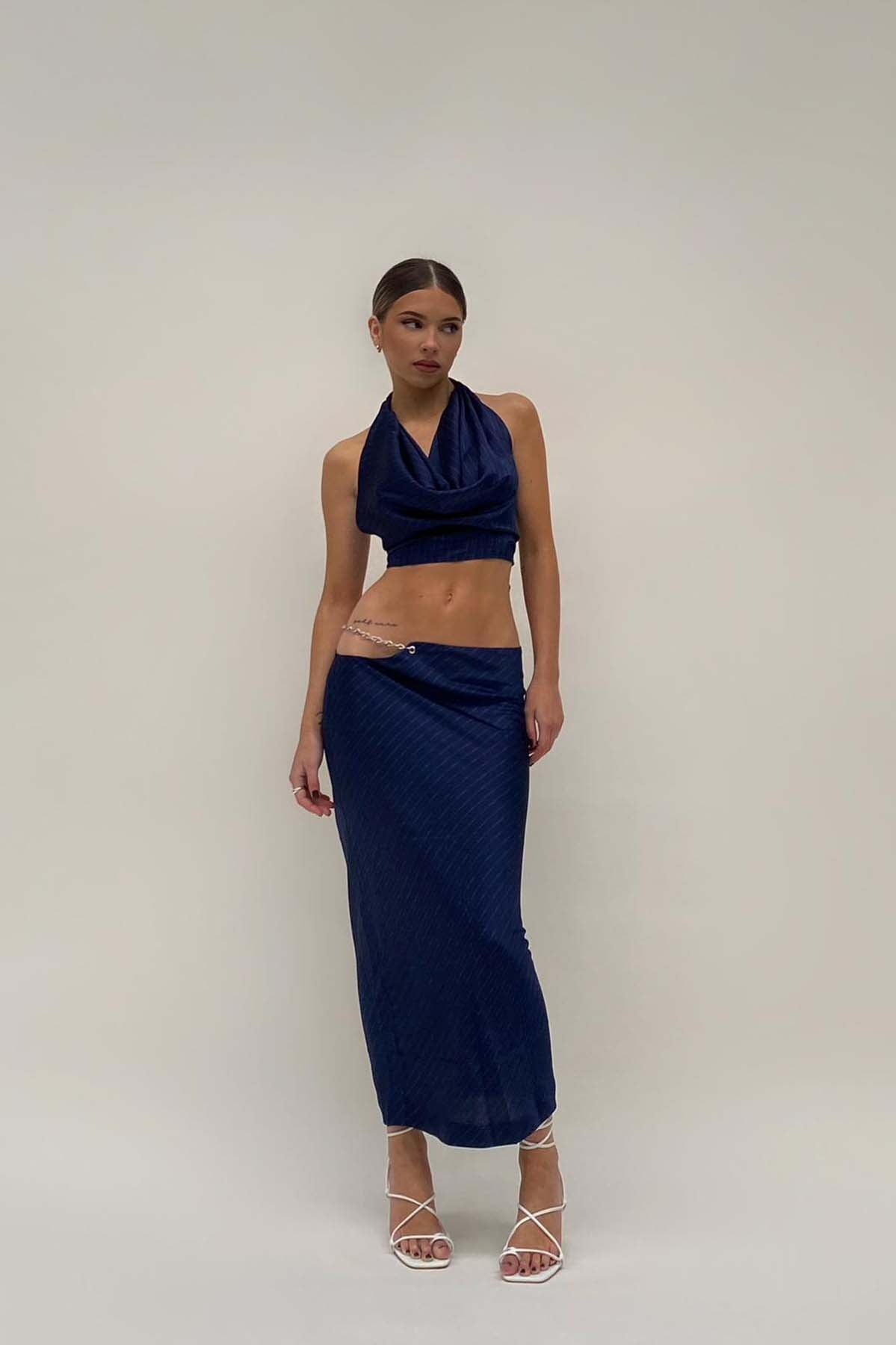 Lioness Lions Den Midi Skirt Midnight Pinstripe