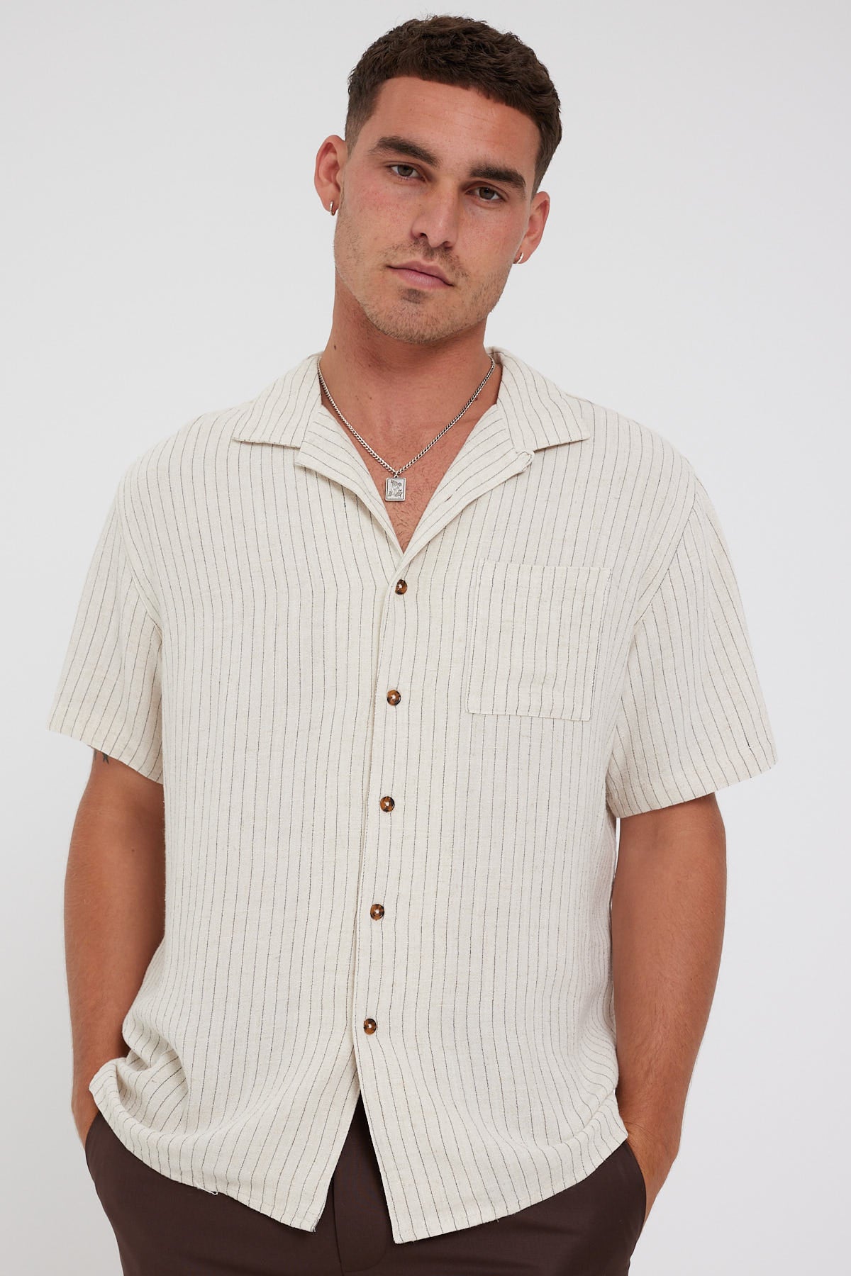 Common Need Cabos Resort Collar Shirt Linen Blend Natural Pinstripe
