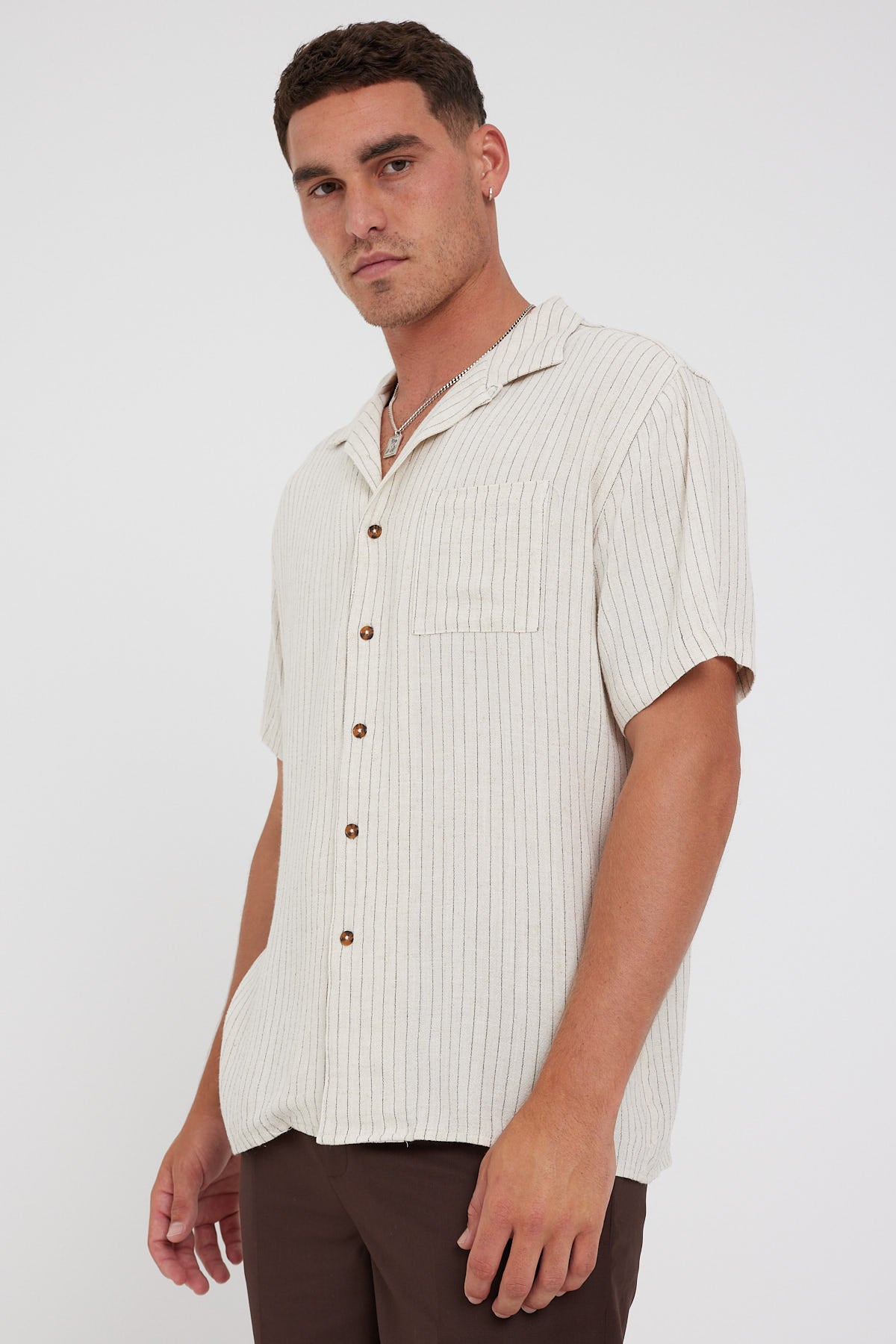 Common Need Cabos Resort Collar Shirt Linen Blend Natural Pinstripe