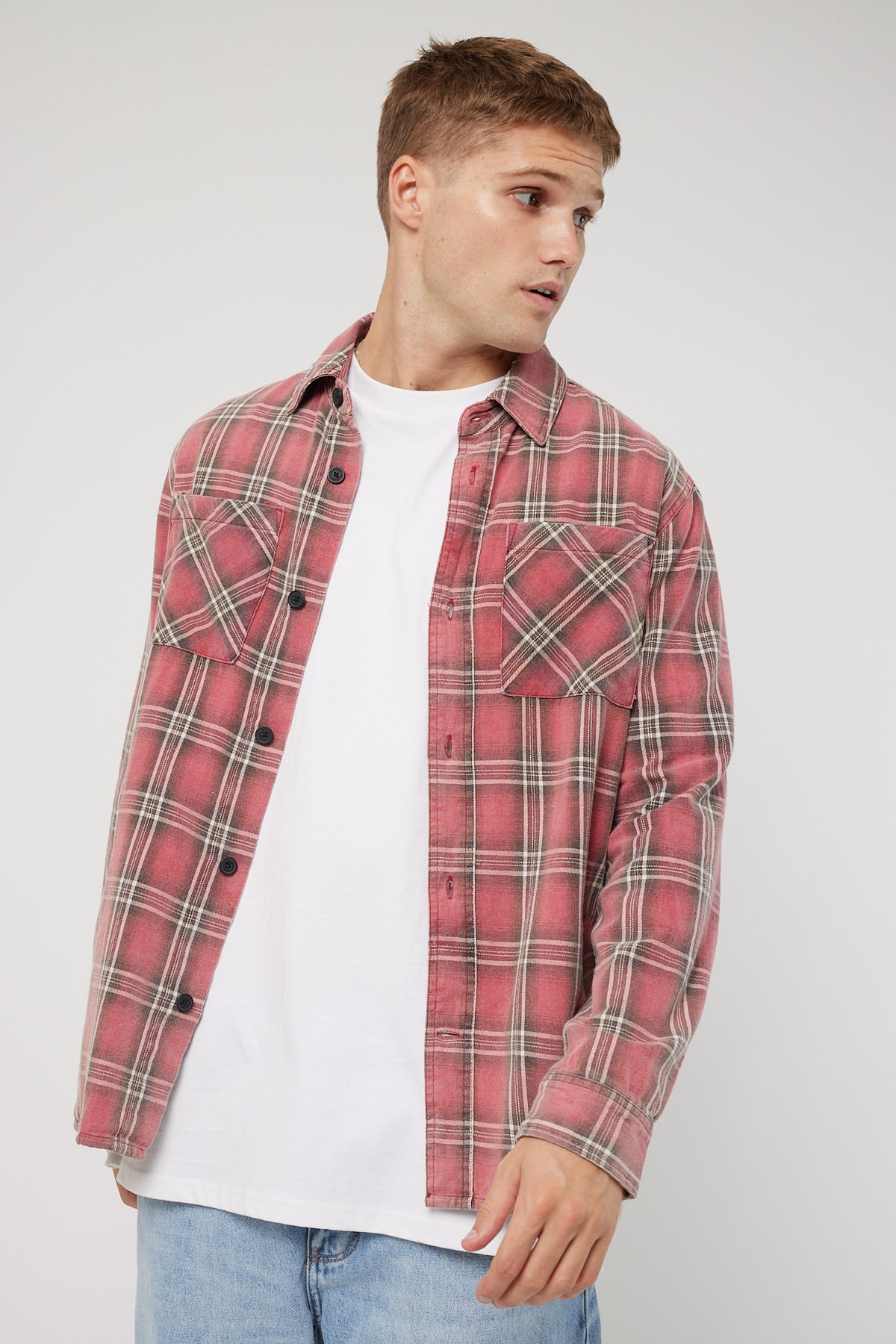 Common Need Lightweight Camden Overshirt Washed Red Check