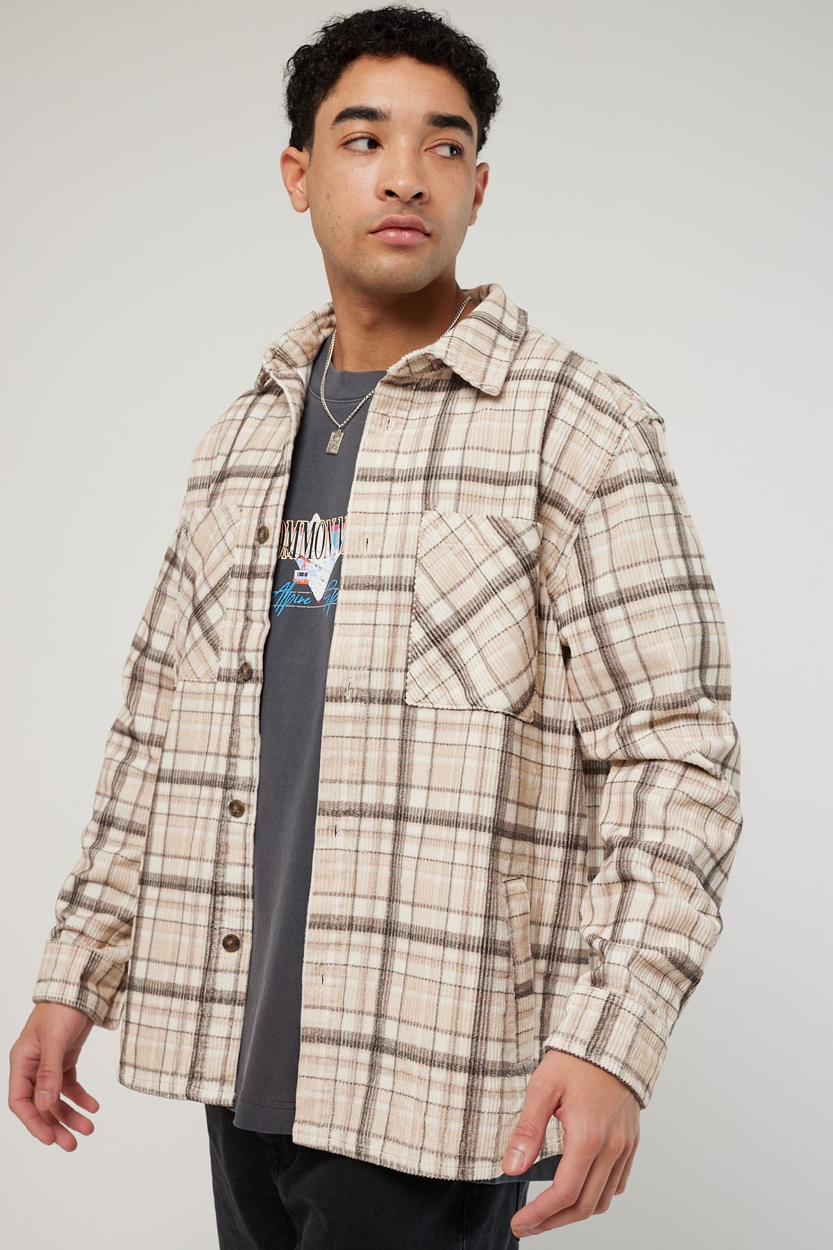 Common Need Dalston Plaid Cord Overshirt Oat/Green Check