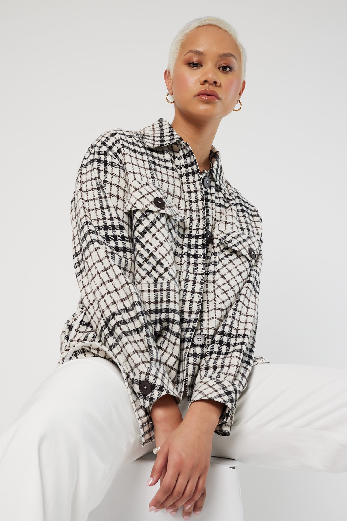Perfect Stranger Cosy Check Shacket White and Black Check
