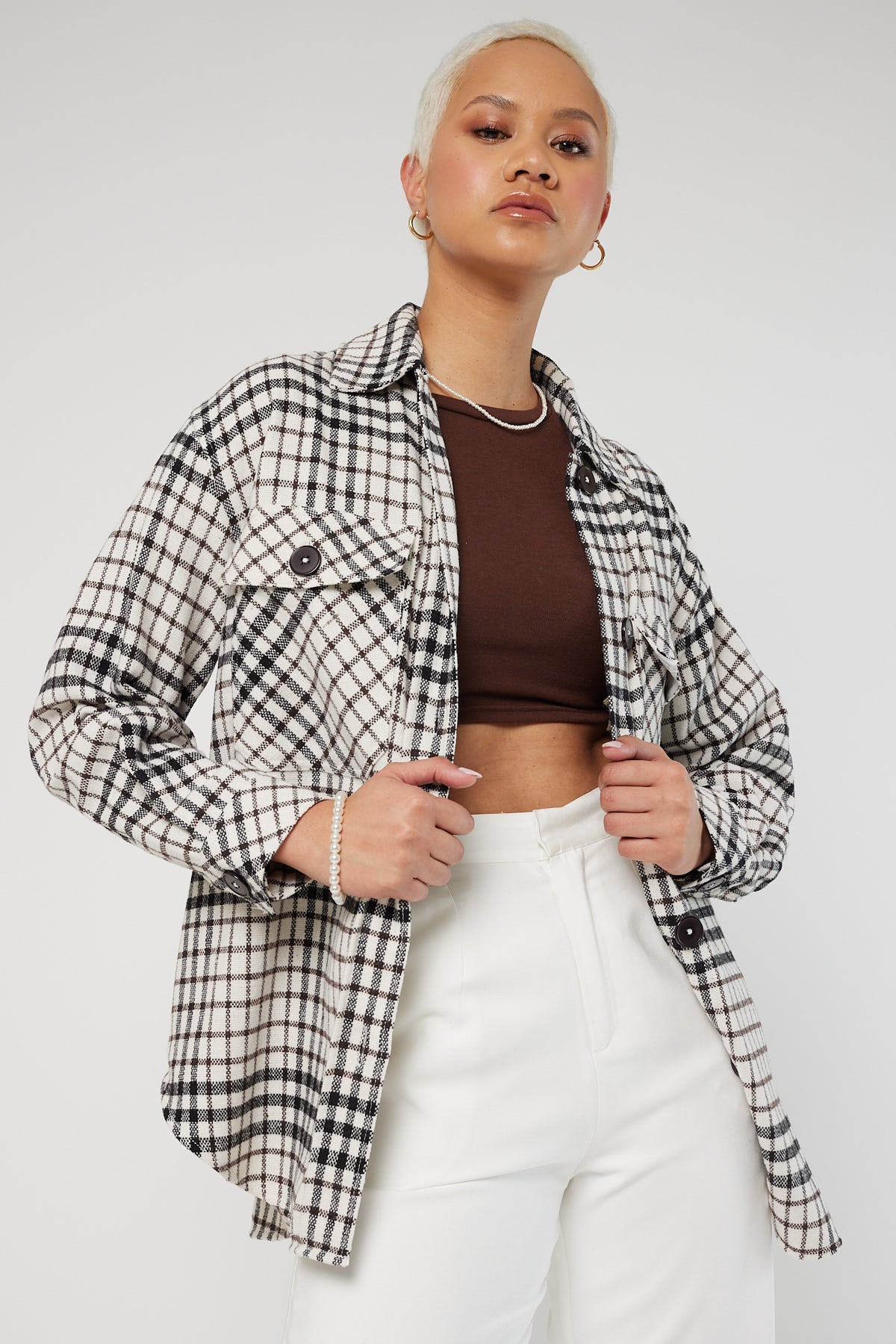 Perfect Stranger Cosy Check Shacket White and Black Check