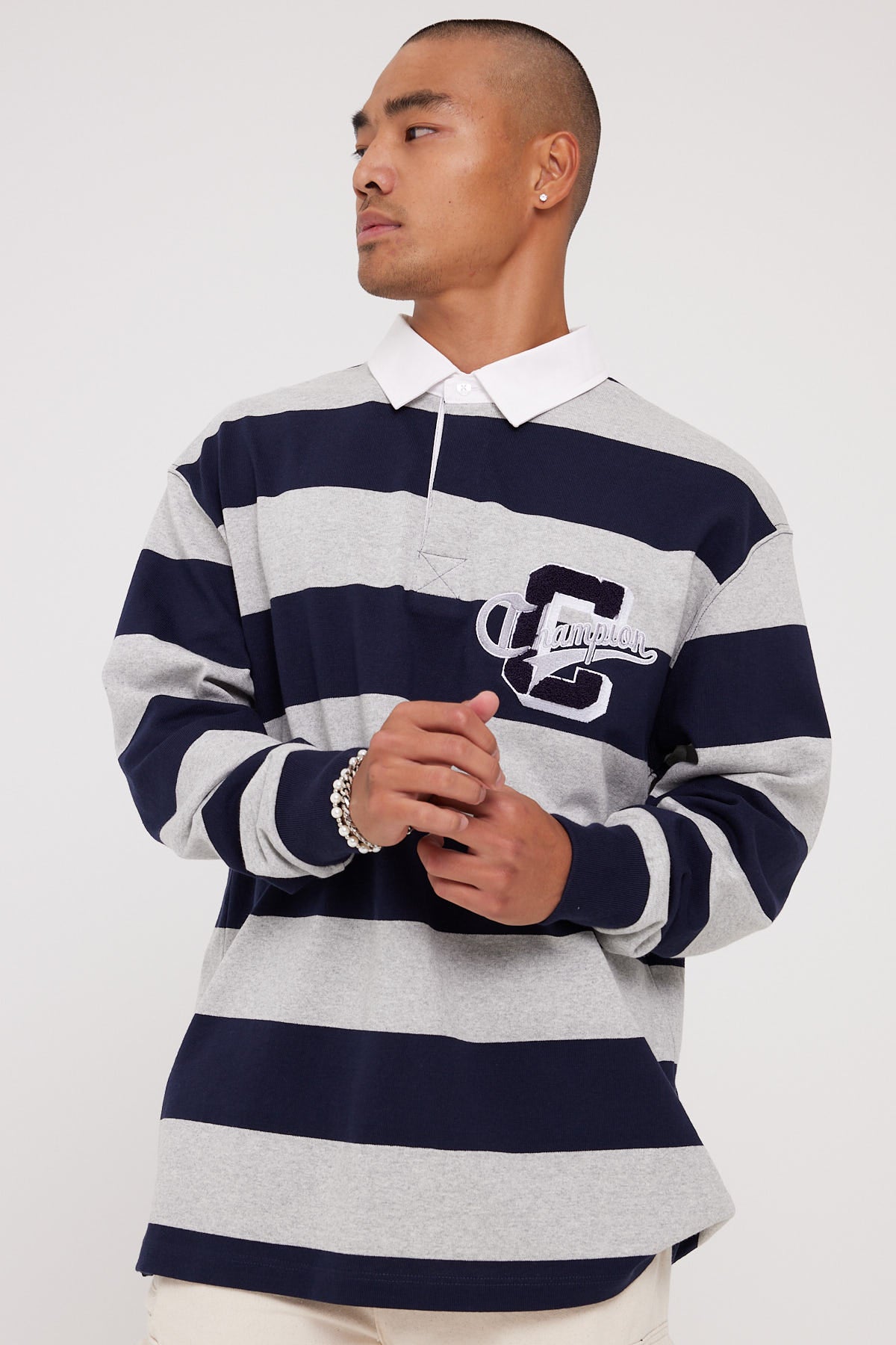 Champion Heritage Collegiate Long Sleeve Rugby Navy/Oxford Heather Stripe