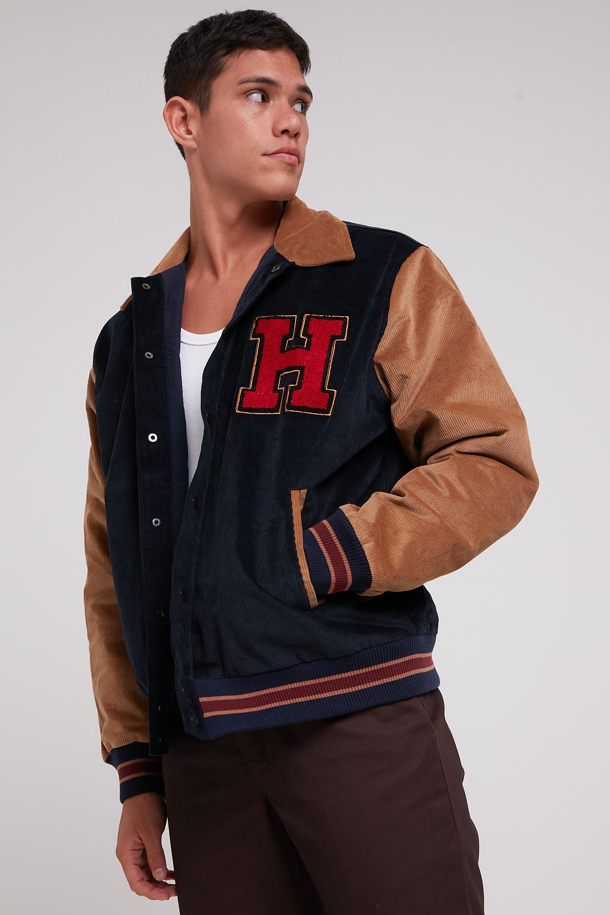The New Establishment Harvard Pop Collar Two Tone Letterman Jacket Tan/Navy