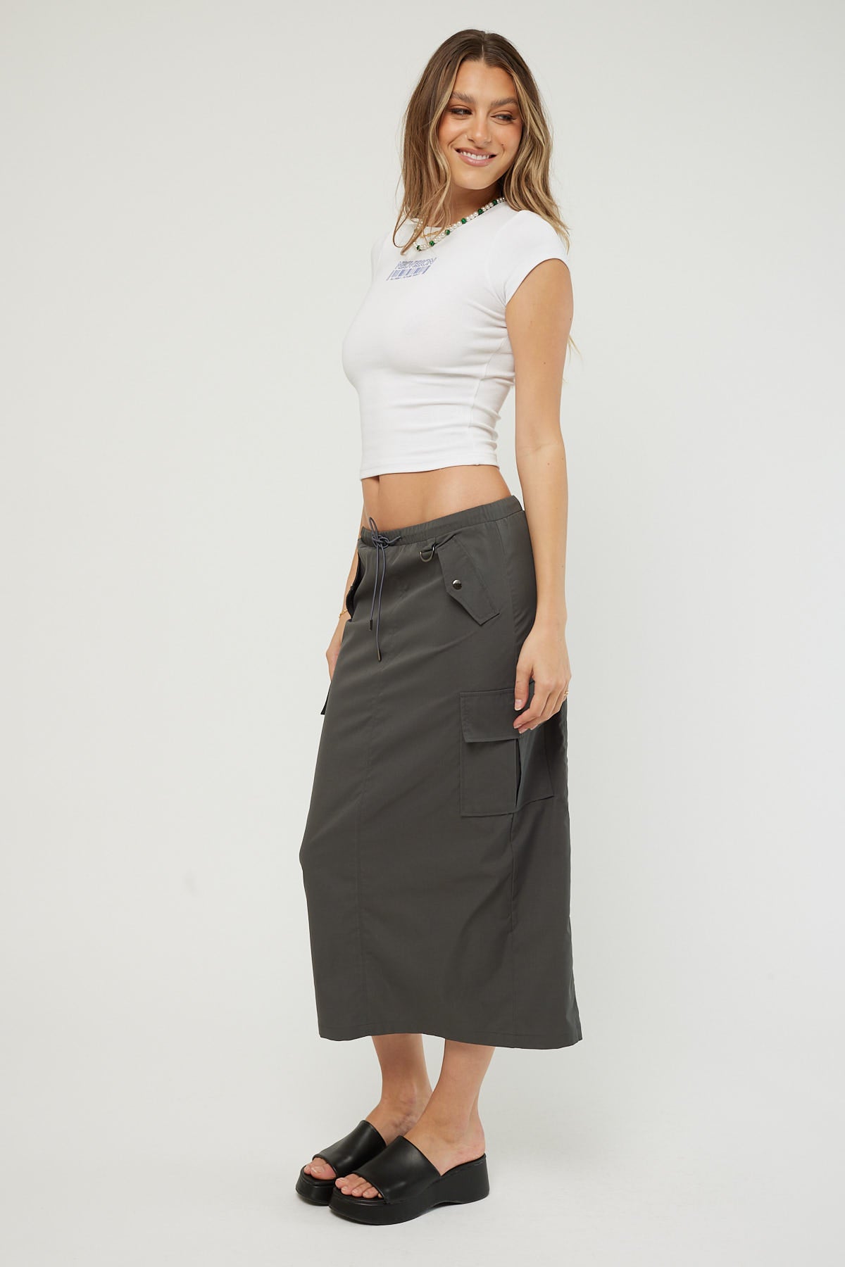 Luck & Trouble Parachute Cargo Midi Skirt Charcoal