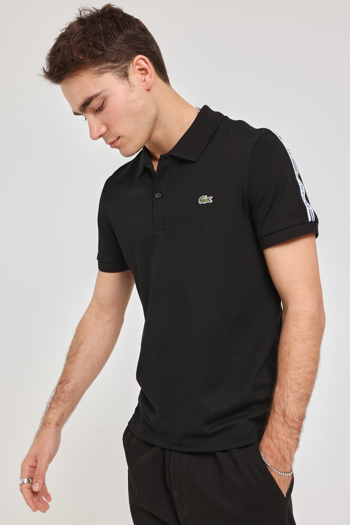Lacoste Logo Tape Stretch Mini Pique Polo Shirt Black
