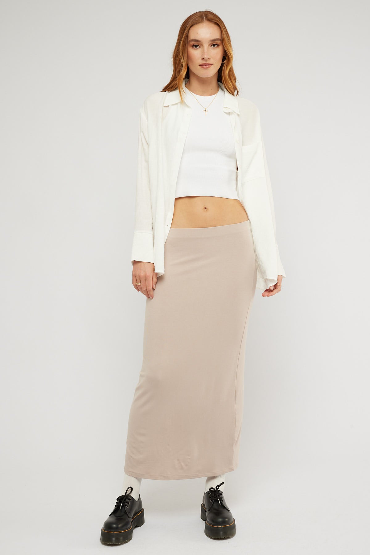 Luck & Trouble Belladonna Low Rise Midi Skirt Taupe