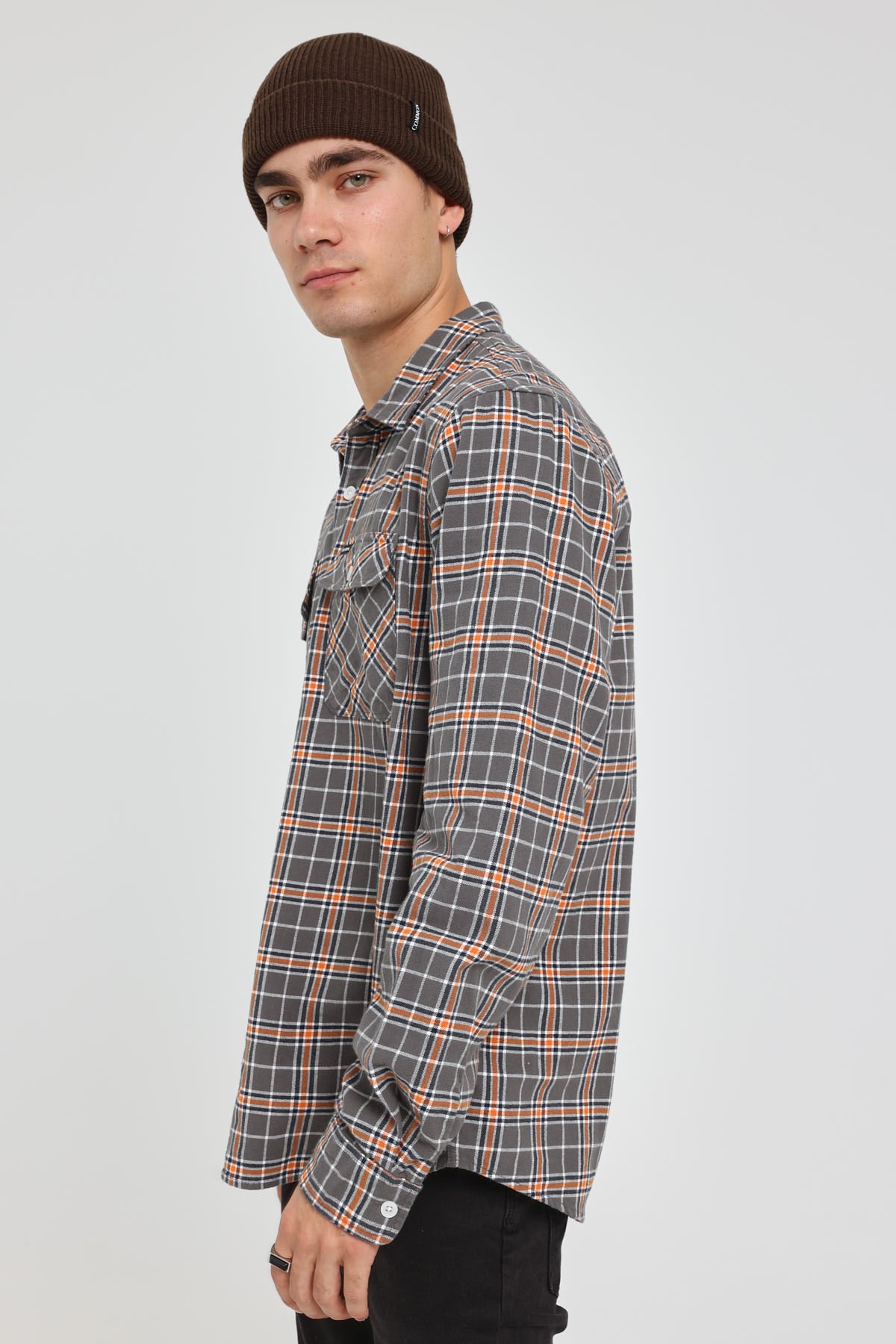 Brixton Bowery Summer Weight Flanno Charcoal/Burnt Orange/Off White