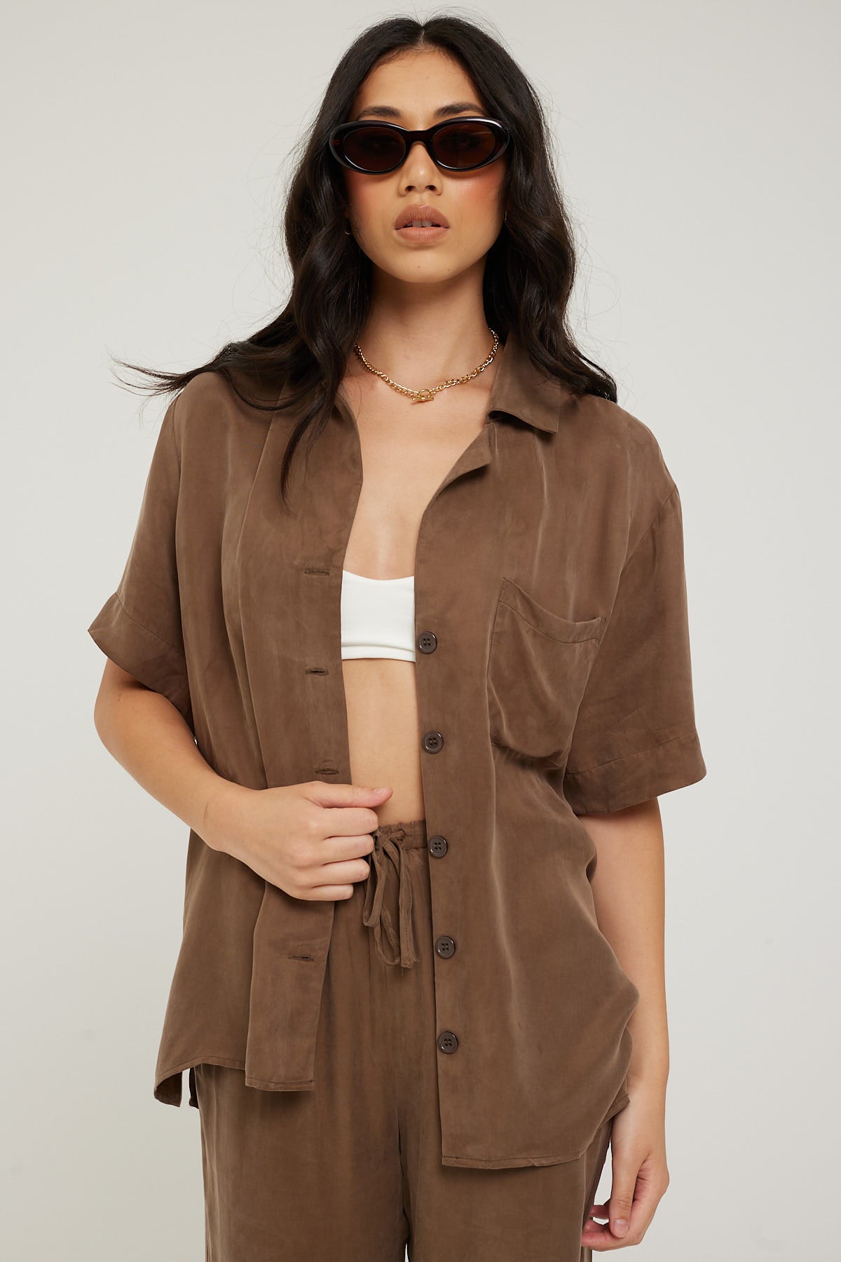 Perfect Stranger Ace Cupro Button Up Shirt Brown
