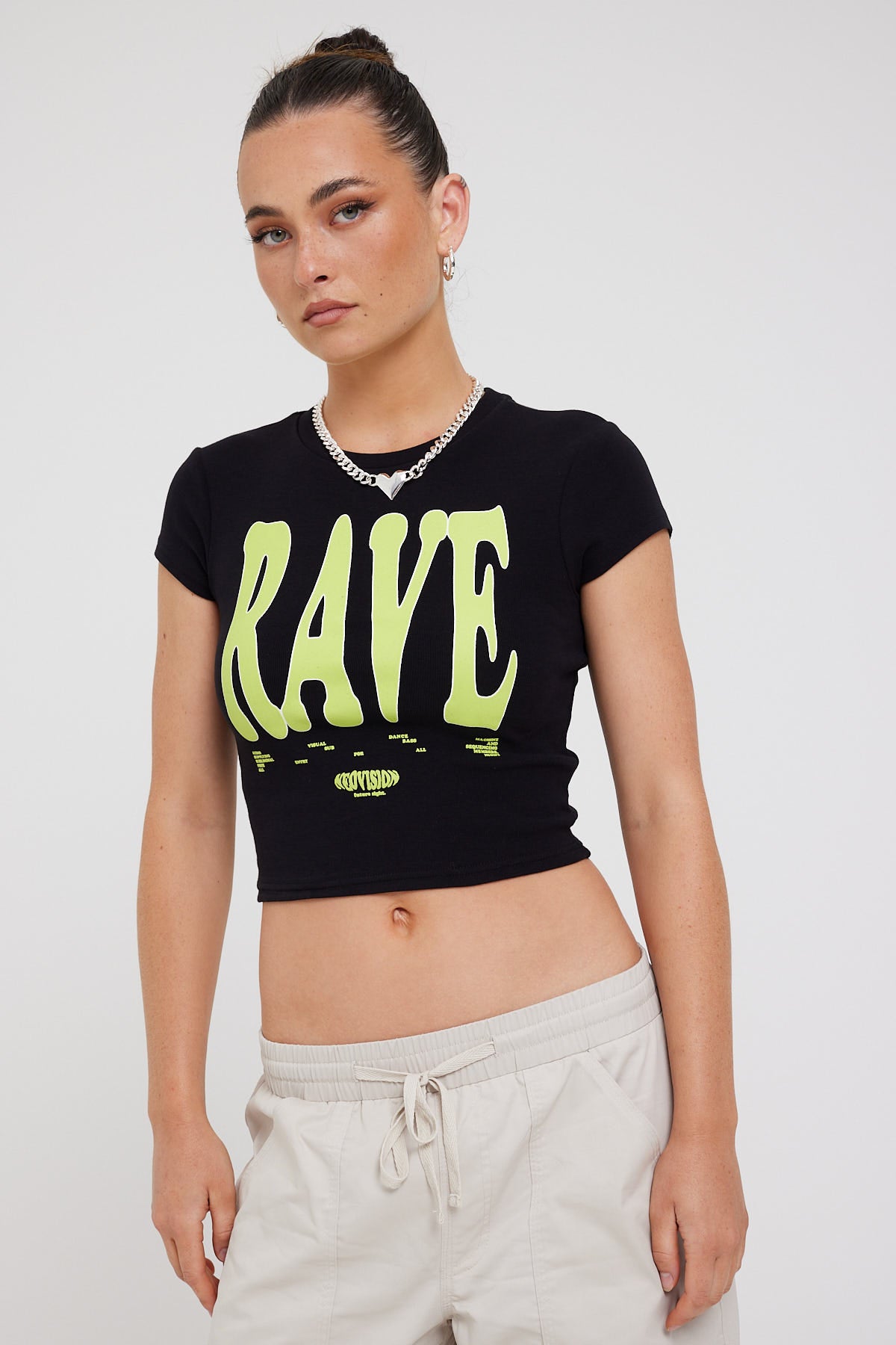 Neovision Rave Glow In The Dark Mid Length Baby Tee Black